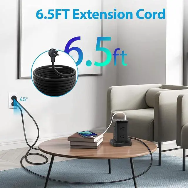 Alt view image 4 of 7 - Power Strip Tower, Surge Protector with USB Ports, 6.5 FT Extension Cord, Charging Tower for Multiple Devices 8 AC and 4 USB(USB-C) for Office Supplies Dorm Room Essentials Office Organization