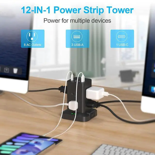 Alt view image 5 of 7 - Power Strip Tower, Surge Protector with USB Ports, 6.5 FT Extension Cord, Charging Tower for Multiple Devices 8 AC and 4 USB(USB-C) for Office Supplies Dorm Room Essentials Office Organization