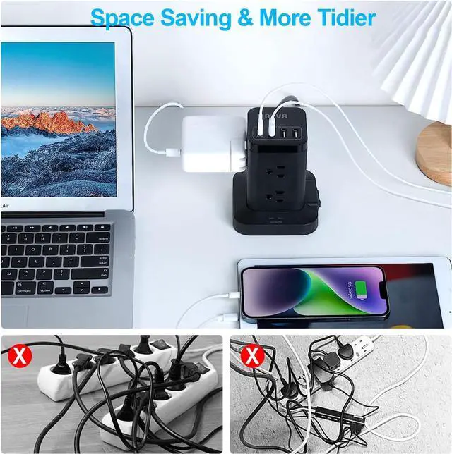 Alt view image 2 of 7 - Power Strip Tower, Surge Protector with USB Ports, 6.5 FT Extension Cord, Charging Tower for Multiple Devices 8 AC and 4 USB(USB-C) for Office Supplies Dorm Room Essentials Office Organization