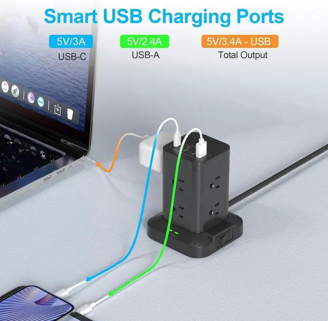 Alt view image 3 of 7 - Power Strip Tower, Surge Protector with USB Ports, 6.5 FT Extension Cord, Charging Tower for Multiple Devices 8 AC and 4 USB(USB-C) for Office Supplies Dorm Room Essentials Office Organization