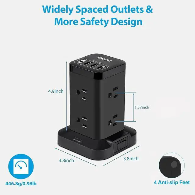 Alt view image 7 of 7 - Power Strip Tower, Surge Protector with USB Ports, 6.5 FT Extension Cord, Charging Tower for Multiple Devices 8 AC and 4 USB(USB-C) for Office Supplies Dorm Room Essentials Office Organization