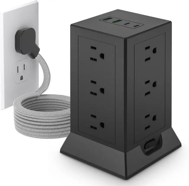 Main image of Power Strip Tower with Multiple Outlets, 6.5 Ft Extension Cord Flat Plug with 12 AC Outlets 4 USB Ports (2 USB C), Power Tower Surge Protector with Individual Switches for Home Office Dorm Room, Black