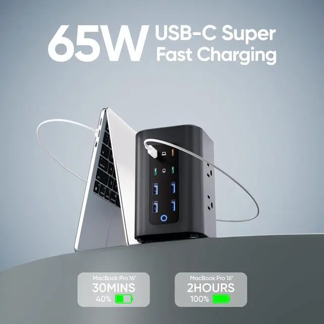 Alt view image 4 of 7 - Power Strip Tower (230W), 14-in-1 USB-C Charging Station Tower with 2000J Surge Protection, 5FT Extension Cord with 6 AC Outlets & 8 USB Ports for Home Office Dorm Essentials