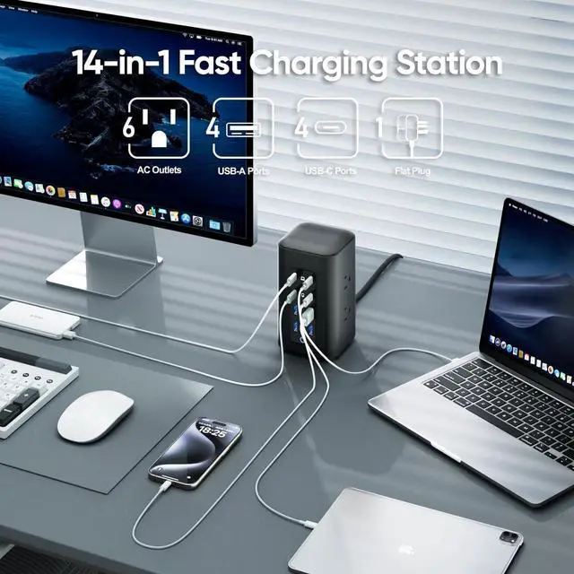 Alt view image 2 of 7 - Power Strip Tower (230W), 14-in-1 USB-C Charging Station Tower with 2000J Surge Protection, 5FT Extension Cord with 6 AC Outlets & 8 USB Ports for Home Office Dorm Essentials