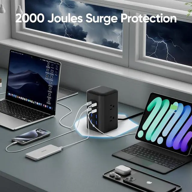 Alt view image 5 of 7 - Power Strip Tower (230W), 14-in-1 USB-C Charging Station Tower with 2000J Surge Protection, 5FT Extension Cord with 6 AC Outlets & 8 USB Ports for Home Office Dorm Essentials