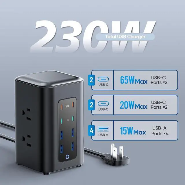 Alt view image 3 of 7 - Power Strip Tower (230W), 14-in-1 USB-C Charging Station Tower with 2000J Surge Protection, 5FT Extension Cord with 6 AC Outlets & 8 USB Ports for Home Office Dorm Essentials