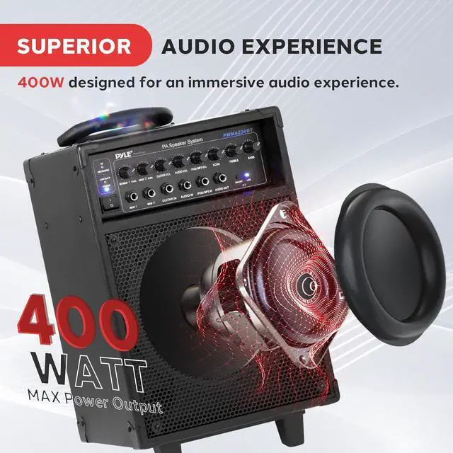 Alt view image 3 of 7 - Pyle Wireless Portable PA System-400W Bluetooth Compatible Rechargeable Battery Powered Outdoor Sound Stereo Speaker Microphone Set w/Handle, Wheels-1/4 to AUX, RCA Cable