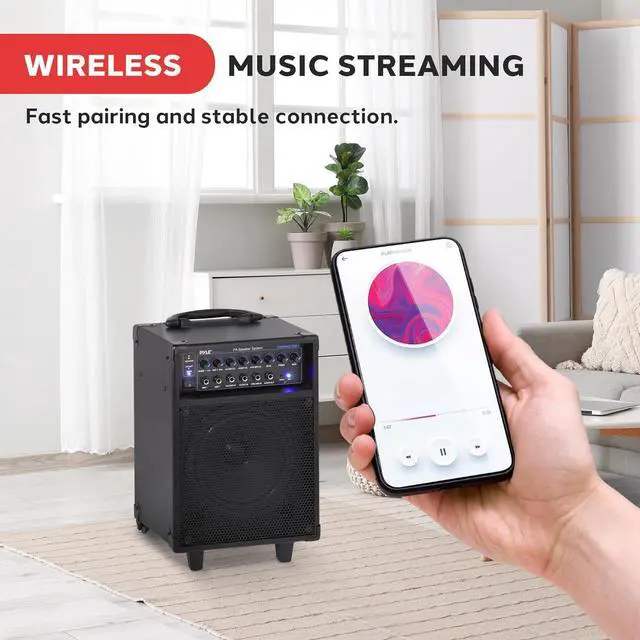 Alt view image 4 of 7 - Pyle Wireless Portable PA System-400W Bluetooth Compatible Rechargeable Battery Powered Outdoor Sound Stereo Speaker Microphone Set w/Handle, Wheels-1/4 to AUX, RCA Cable