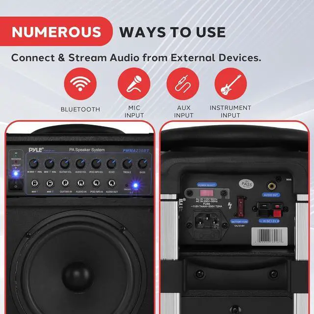 Alt view image 5 of 7 - Pyle Wireless Portable PA System-400W Bluetooth Compatible Rechargeable Battery Powered Outdoor Sound Stereo Speaker Microphone Set w/Handle, Wheels-1/4 to AUX, RCA Cable