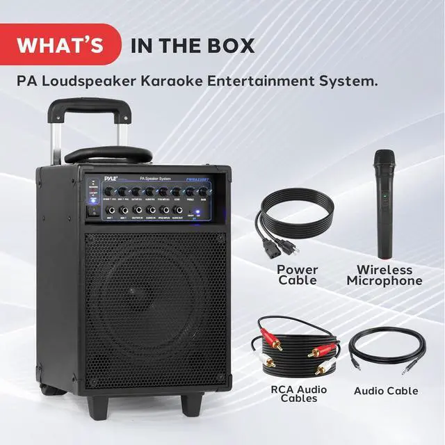 Alt view image 7 of 7 - Pyle Wireless Portable PA System-400W Bluetooth Compatible Rechargeable Battery Powered Outdoor Sound Stereo Speaker Microphone Set w/Handle, Wheels-1/4 to AUX, RCA Cable