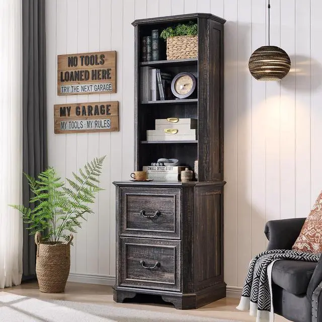 Alt view image 2 of 7 - 6-Tier Bookcase Set of 2 with 2 File Drawers, 72" Tall Farmhouse Bookshelf with Storage & Adjustable Shelves, Wooden Floor Standing Display Book Shelf for Home Office, Dark Rustic Oak