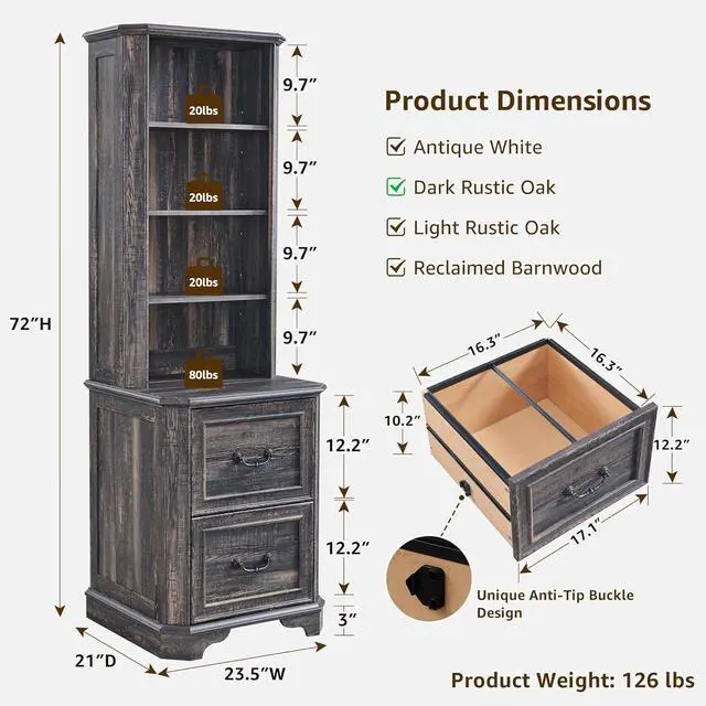 Alt view image 3 of 7 - 6-Tier Bookcase Set of 2 with 2 File Drawers, 72" Tall Farmhouse Bookshelf with Storage & Adjustable Shelves, Wooden Floor Standing Display Book Shelf for Home Office, Dark Rustic Oak