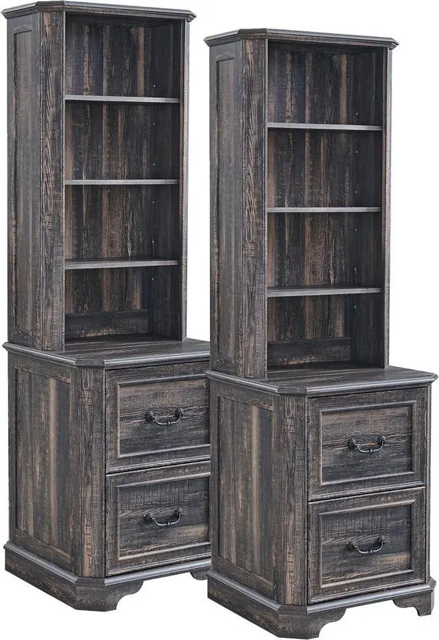 Main image of 6-Tier Bookcase Set of 2 with 2 File Drawers, 72" Tall Farmhouse Bookshelf with Storage & Adjustable Shelves, Wooden Floor Standing Display Book Shelf for Home Office, Dark Rustic Oak