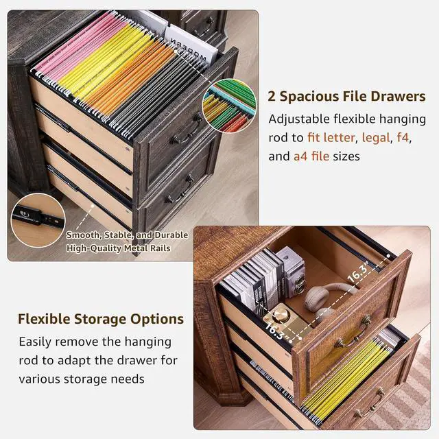 Alt view image 5 of 7 - 6-Tier Bookcase Set of 2 with 2 File Drawers, 72" Tall Farmhouse Bookshelf with Storage & Adjustable Shelves, Wooden Floor Standing Display Book Shelf for Home Office, Dark Rustic Oak