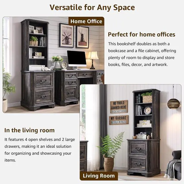 Alt view image 6 of 7 - 6-Tier Bookcase Set of 2 with 2 File Drawers, 72" Tall Farmhouse Bookshelf with Storage & Adjustable Shelves, Wooden Floor Standing Display Book Shelf for Home Office, Dark Rustic Oak