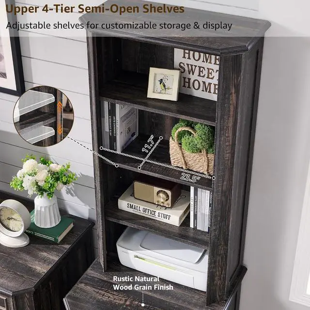 Alt view image 4 of 7 - 6-Tier Bookcase Set of 2 with 2 File Drawers, 72" Tall Farmhouse Bookshelf with Storage & Adjustable Shelves, Wooden Floor Standing Display Book Shelf for Home Office, Dark Rustic Oak