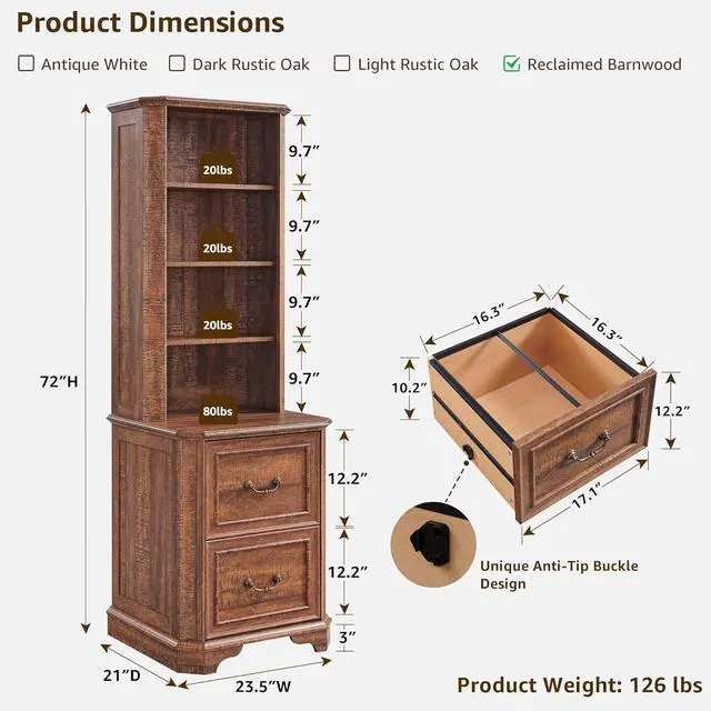 Alt view image 3 of 7 - 72" Tall Farmhouse Bookcase Set of 2 with 2 File Drawers, 6-Tier Bookshelf with Storage & Adjustable Shelves, Wooden Floor Standing Display Book Shelf for Home Office, Reclaimed Barnwood