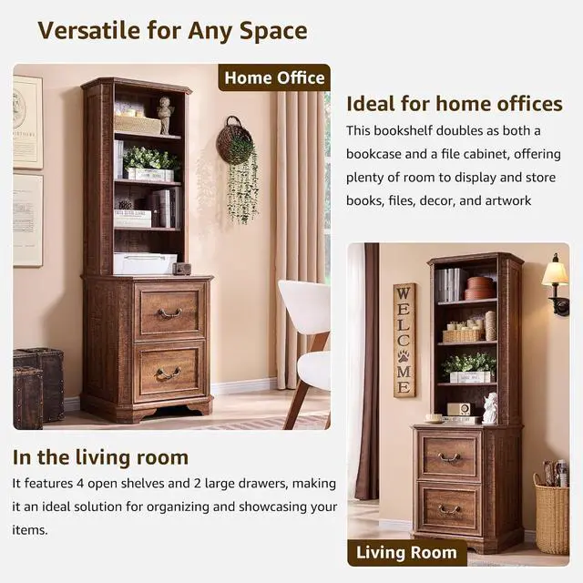 Alt view image 6 of 7 - 72" Tall Farmhouse Bookcase Set of 2 with 2 File Drawers, 6-Tier Bookshelf with Storage & Adjustable Shelves, Wooden Floor Standing Display Book Shelf for Home Office, Reclaimed Barnwood