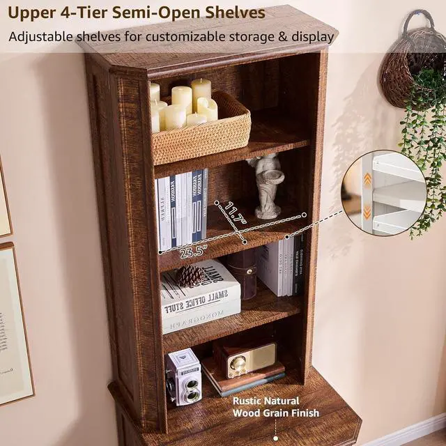 Alt view image 4 of 7 - 72" Tall Farmhouse Bookcase Set of 2 with 2 File Drawers, 6-Tier Bookshelf with Storage & Adjustable Shelves, Wooden Floor Standing Display Book Shelf for Home Office, Reclaimed Barnwood