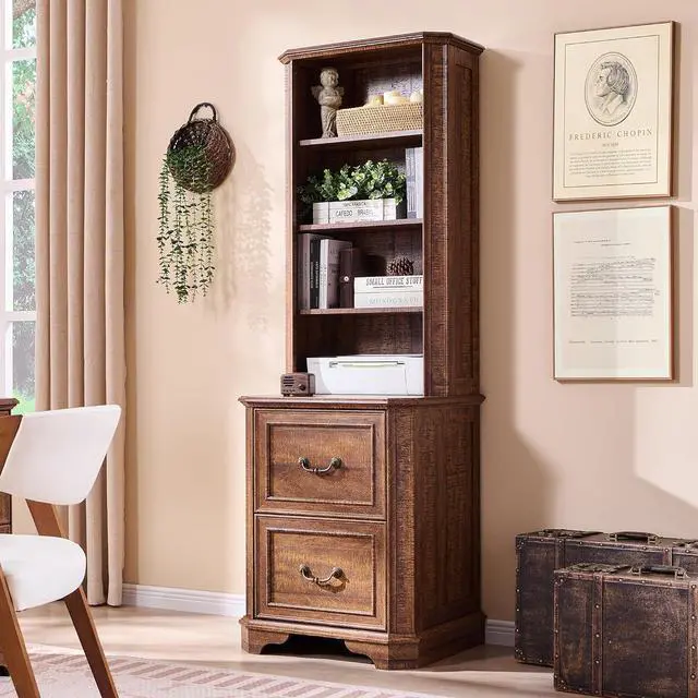 Alt view image 2 of 7 - 72" Tall Farmhouse Bookcase Set of 2 with 2 File Drawers, 6-Tier Bookshelf with Storage & Adjustable Shelves, Wooden Floor Standing Display Book Shelf for Home Office, Reclaimed Barnwood