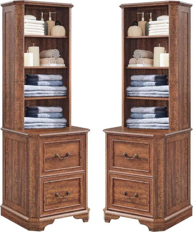Main image of 72" Tall Farmhouse Bookcase Set of 2 with 2 File Drawers, 6-Tier Bookshelf with Storage & Adjustable Shelves, Wooden Floor Standing Display Book Shelf for Home Office, Reclaimed Barnwood