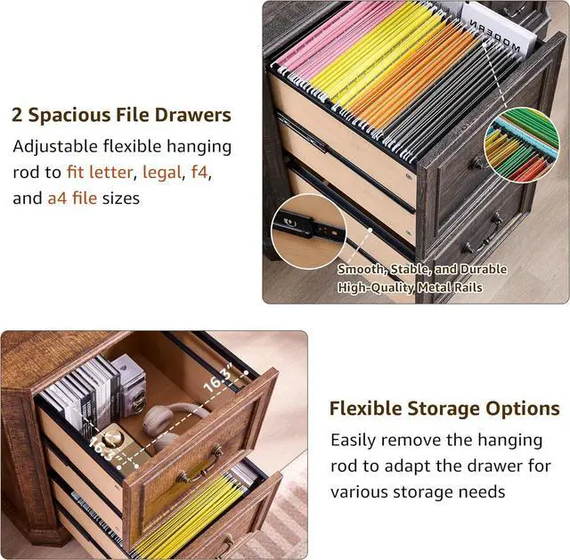 Alt view image 5 of 7 - 72" Tall Farmhouse Bookcase Set of 2 with 2 File Drawers, 6-Tier Bookshelf with Storage & Adjustable Shelves, Wooden Floor Standing Display Book Shelf for Home Office, Reclaimed Barnwood