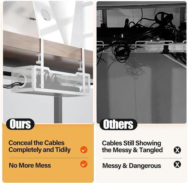 Alt view image 3 of 6 - Under Desk Cable Management Tray White, Cinati Wire Organizers No Drill, Cable Tray with Clamp for Wire Management, Cord Organization Box for Office, Home - No Damage to Desk