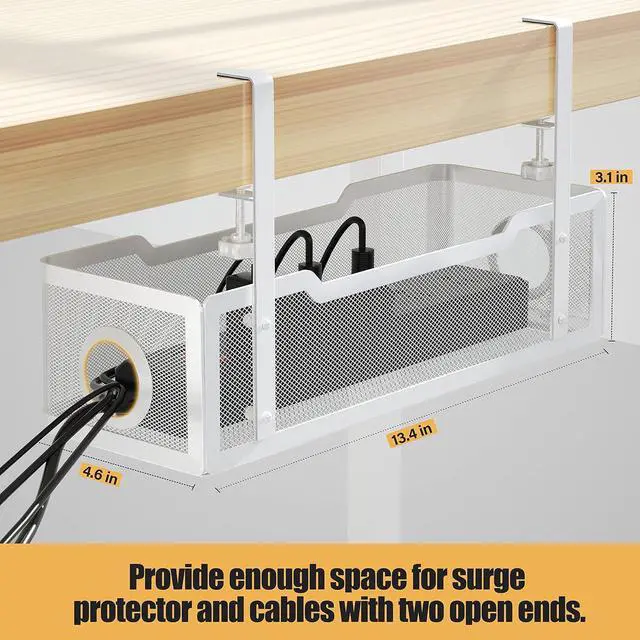 Alt view image 5 of 6 - Under Desk Cable Management Tray White, Cinati Wire Organizers No Drill, Cable Tray with Clamp for Wire Management, Cord Organization Box for Office, Home - No Damage to Desk