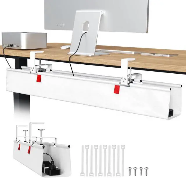 Main image of No Drill Under Desk Cable Management Tray, 36" Cord Organizer for Table, Clamp/Screw Mount Desk Cable Management, Premium Fabric Cable Management Tray for Office, Home,White