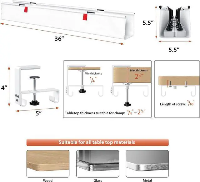 Alt view image 4 of 7 - No Drill Under Desk Cable Management Tray, 36" Cord Organizer for Table, Clamp/Screw Mount Desk Cable Management, Premium Fabric Cable Management Tray for Office, Home,White