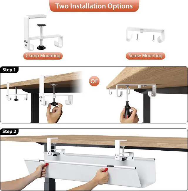 Alt view image 6 of 7 - No Drill Under Desk Cable Management Tray, 36" Cord Organizer for Table, Clamp/Screw Mount Desk Cable Management, Premium Fabric Cable Management Tray for Office, Home,White