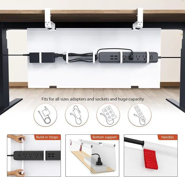 Alt view image 2 of 7 - No Drill Under Desk Cable Management Tray, 36" Cord Organizer for Table, Clamp/Screw Mount Desk Cable Management, Premium Fabric Cable Management Tray for Office, Home,White