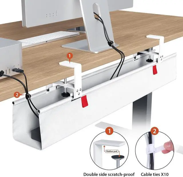 Alt view image 3 of 7 - No Drill Under Desk Cable Management Tray, 36" Cord Organizer for Table, Clamp/Screw Mount Desk Cable Management, Premium Fabric Cable Management Tray for Office, Home,White