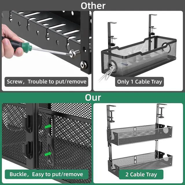 Alt view image 4 of 7 - Multi-Model Under Desk Cable Management 2 Pack Metal Under Desk Wire Management Tray Clamp Mount Under Table Cord Management No Damage The Desk,Black