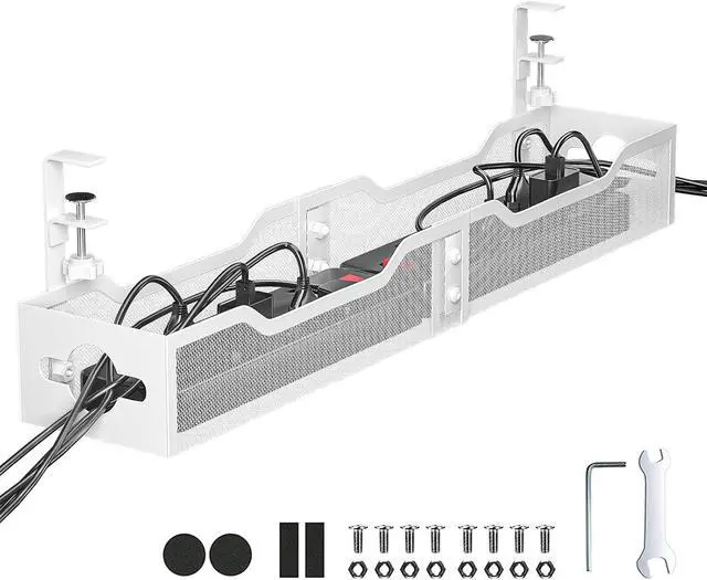 Main image of Under Desk Cable Management Tray White, Cable Management Under Desk No Drill, 25'' Cable Tray with Clamp for Wire Management, Cord Organizer for Office, Home - No Damage to Table,White