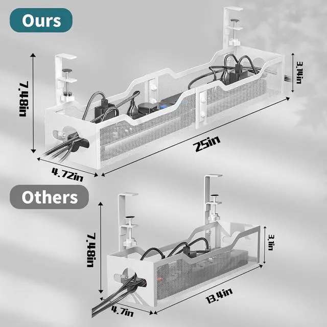 Alt view image 7 of 7 - Under Desk Cable Management Tray White, Cable Management Under Desk No Drill, 25'' Cable Tray with Clamp for Wire Management, Cord Organizer for Office, Home - No Damage to Table,White