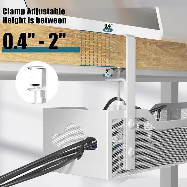 Alt view image 2 of 7 - Under Desk Cable Management Tray White, Cable Management Under Desk No Drill, 25'' Cable Tray with Clamp for Wire Management, Cord Organizer for Office, Home - No Damage to Table,White