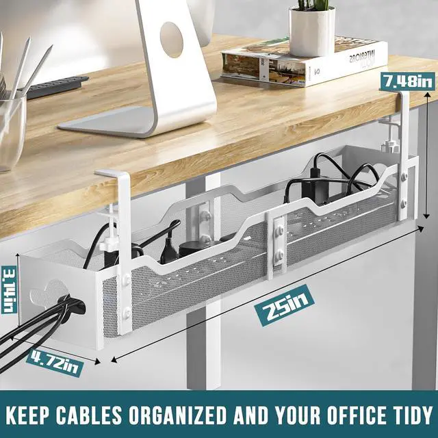 Alt view image 4 of 7 - Under Desk Cable Management Tray White, Cable Management Under Desk No Drill, 25'' Cable Tray with Clamp for Wire Management, Cord Organizer for Office, Home - No Damage to Table,White
