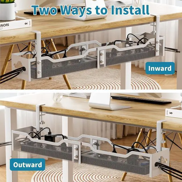 Alt view image 5 of 7 - Under Desk Cable Management Tray White, Cable Management Under Desk No Drill, 25'' Cable Tray with Clamp for Wire Management, Cord Organizer for Office, Home - No Damage to Table,White