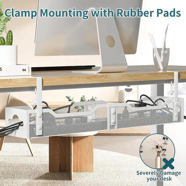 Alt view image 6 of 7 - Under Desk Cable Management Tray White, Cable Management Under Desk No Drill, 25'' Cable Tray with Clamp for Wire Management, Cord Organizer for Office, Home - No Damage to Table,White