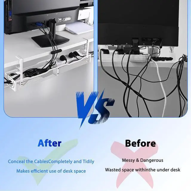 Alt view image 5 of 7 - Under Desk Cable Management Tray 25.3 Inch  No Damage Install, Cord Organizer for Office & Home, Wire Organizer for Desk Storage, White