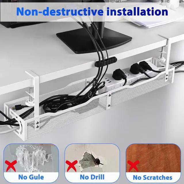 Alt view image 3 of 7 - Under Desk Cable Management Tray 25.3 Inch  No Damage Install, Cord Organizer for Office & Home, Wire Organizer for Desk Storage, White