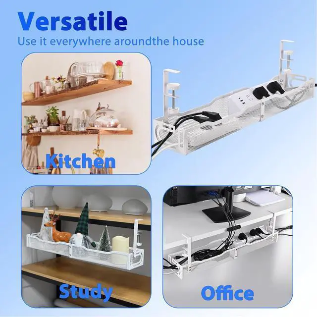 Alt view image 6 of 7 - Under Desk Cable Management Tray 25.3 Inch  No Damage Install, Cord Organizer for Office & Home, Wire Organizer for Desk Storage, White