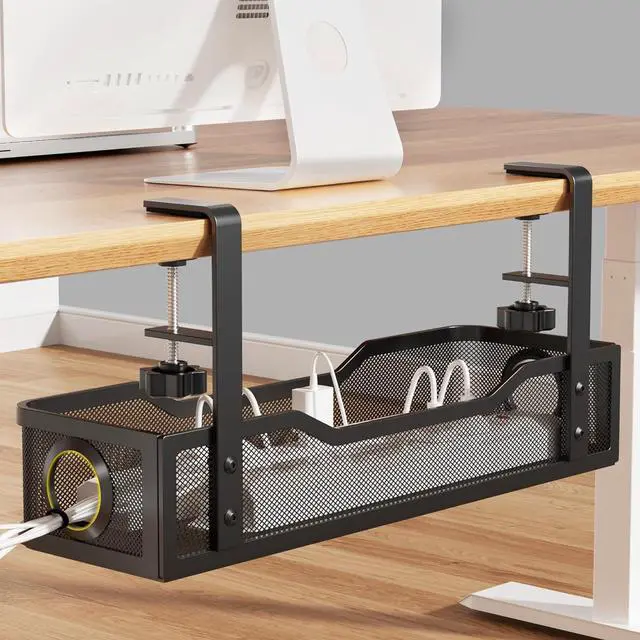 [Upgraded] Under Desk Cable Management Large, 16" Cable Management Box for Table Thickness up to 3", Wire Cord Organizer with Clamp No Drill, No Damage to Desk(Black)