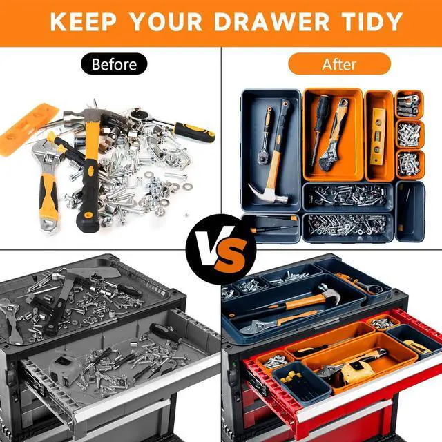 Alt view image 4 of 7 - Tool Box Organizer Tray, Toolbox Desk Drawer Organizer, Tool Box Tray, Toolbox Organization Storage for Rolling Tool Chest (60PCS (Blue+Orange))