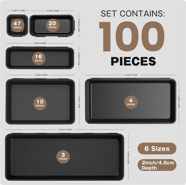 Alt view image 3 of 7 - Fits 100+ Tools100-Piece 6-SizeTool Organizer Tray Set - Black Plastic Drawer Dividers for Garage Cabinets, Rolling Tool Chests, Workbenches & Office Storage.