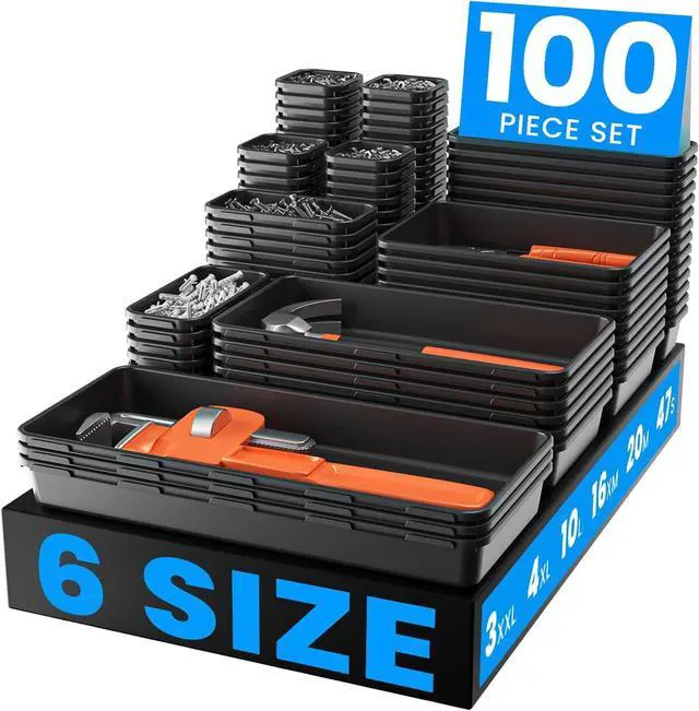 Main image of Fits 100+ Tools100-Piece 6-SizeTool Organizer Tray Set - Black Plastic Drawer Dividers for Garage Cabinets, Rolling Tool Chests, Workbenches & Office Storage.