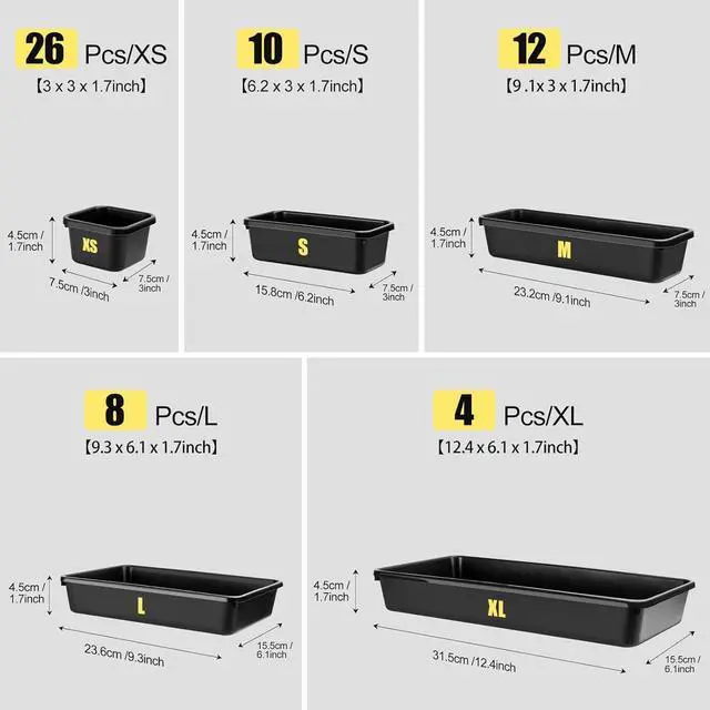 Alt view image 2 of 7 - 60PCS Tool Box Organizer Tray Divider, More Large Sizes-5 Sizes Desk Drawer Organizers Garage Tool Organizer and Storage, Black Plastic Tray Organizer Bins for Home Office Supplies and Tools