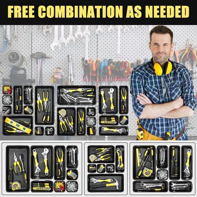 Alt view image 7 of 7 - 60PCS Tool Box Organizer Tray Divider, More Large Sizes-5 Sizes Desk Drawer Organizers Garage Tool Organizer and Storage, Black Plastic Tray Organizer Bins for Home Office Supplies and Tools