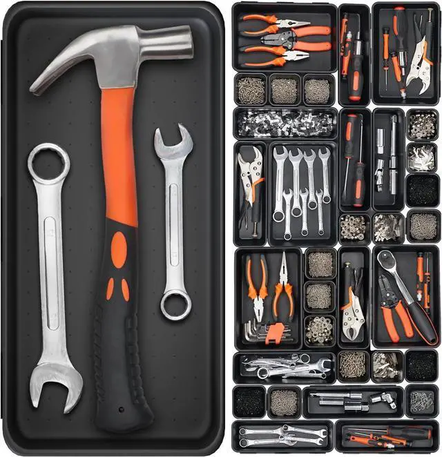 Main image of 46 Pack 5-Sizes Large 12'' Tool Box Organizer Tray, Tool Box Organizers and Storage, for Hammer, Wrench, Screw, Small Parts Toolbox Organization, Tool Cart Chest Garage Drawer Organizer Tray, Black
